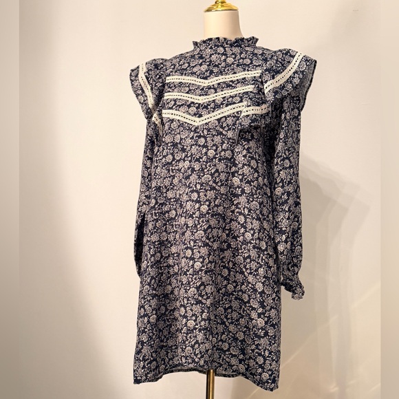 The New Society Dresses & Skirts - The New Society Floral Navy Smock Dress with Lace Details